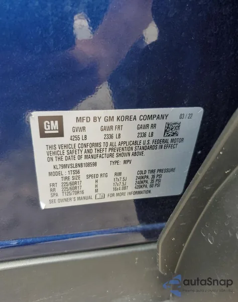 2022 Chevrolet Trailblazer Activ z USA, uszkodzony, nr VIN KL79MVSL8NB108598